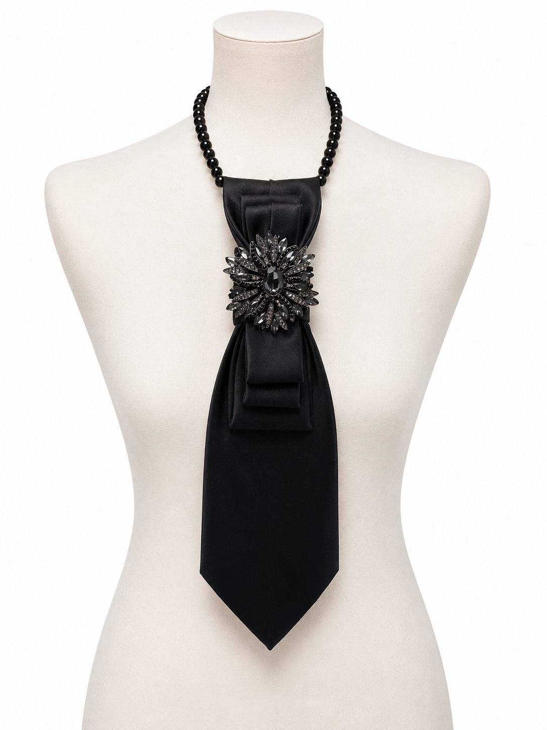 Custom Necktie Necklace - Black Satin w Black Baroque Brooch