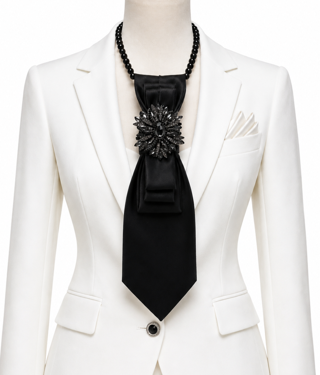 Custom Necktie Necklace - Black Satin w Black Baroque Brooch