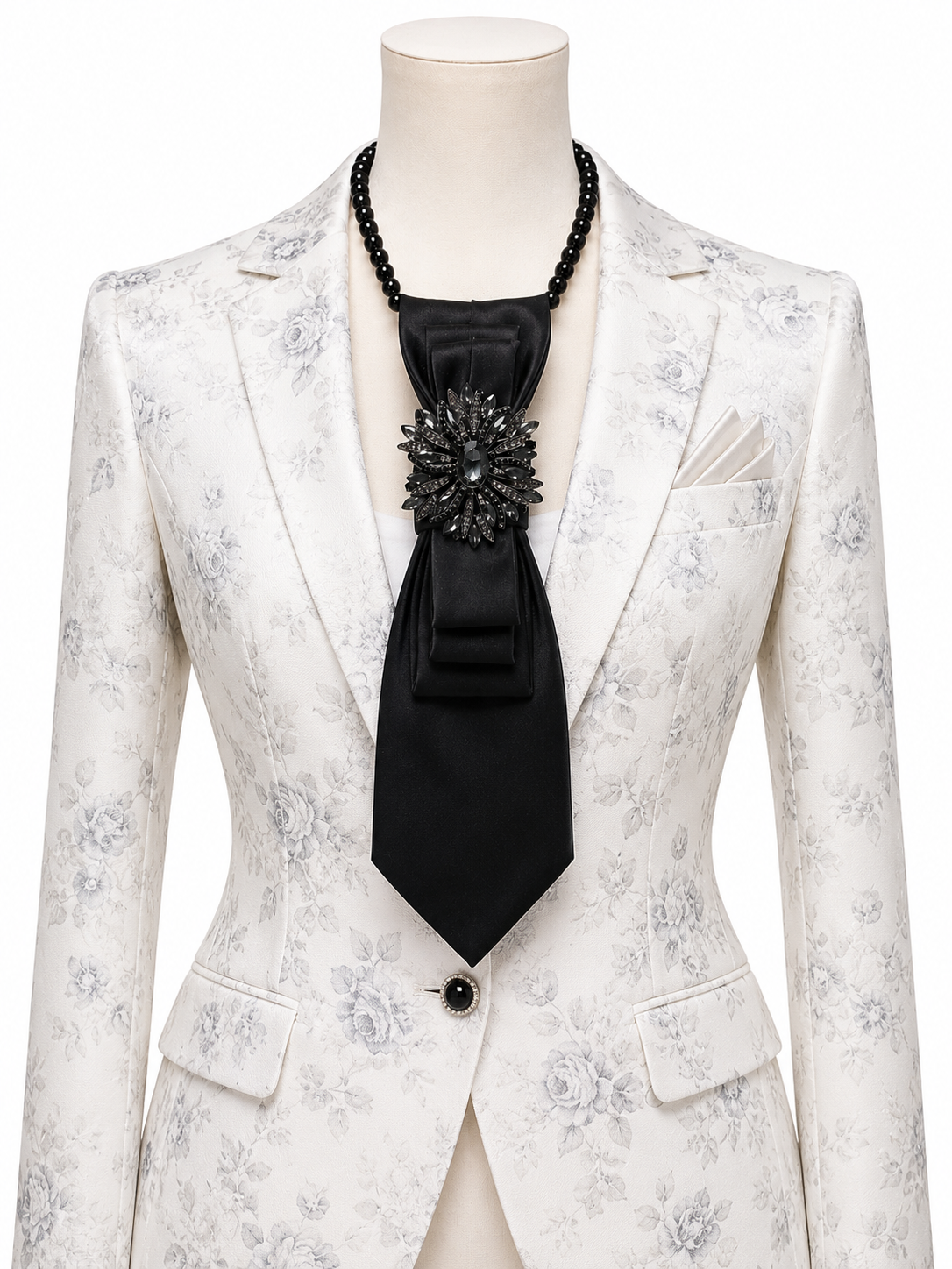 Custom Necktie Necklace - Black Satin w Black Baroque Brooch