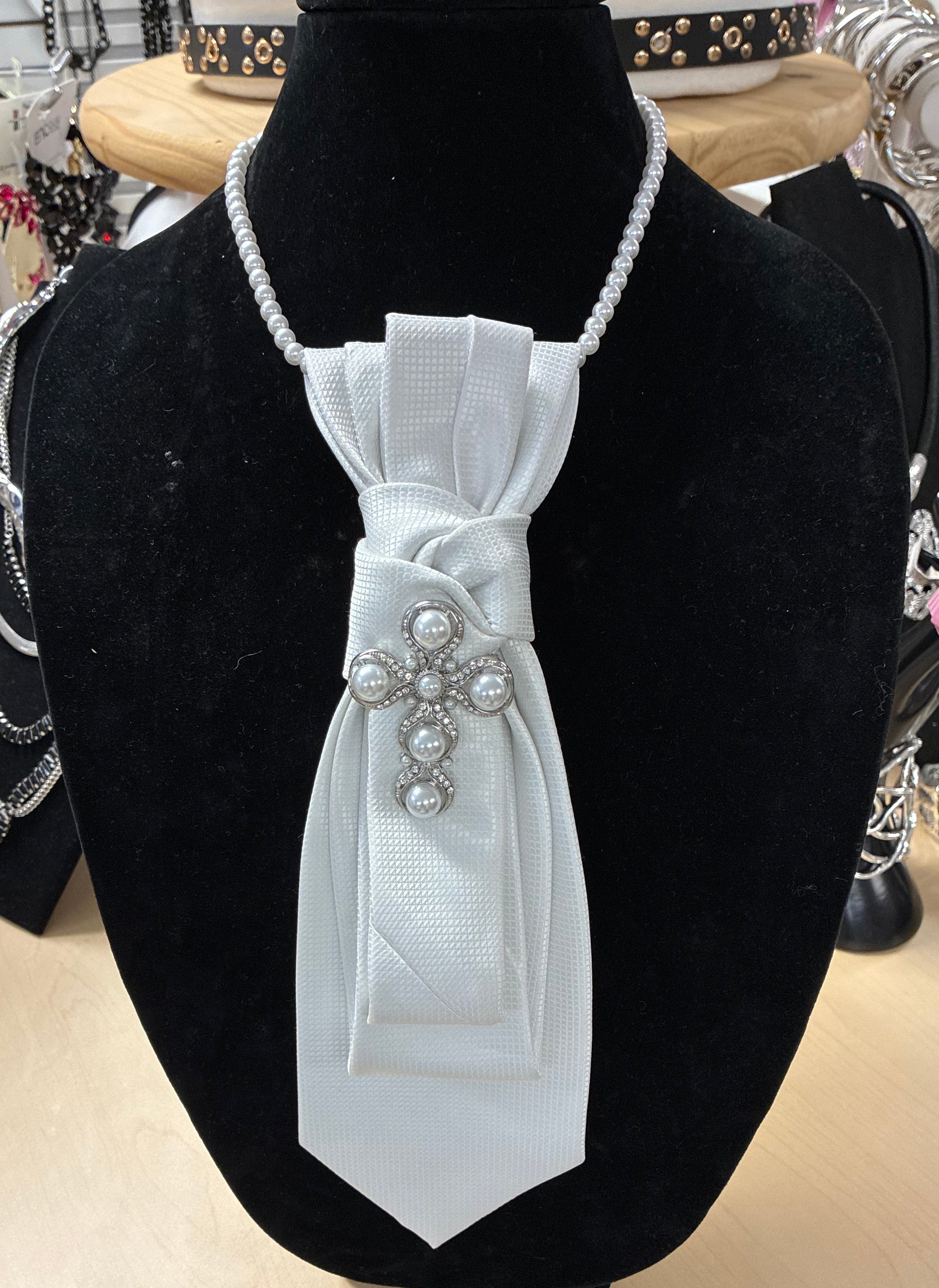Custom Necktie Necklace - White Textured with Cross