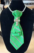 Custom Necktie Necklace - Green and Orange Stripe with Gold Cross Brooch