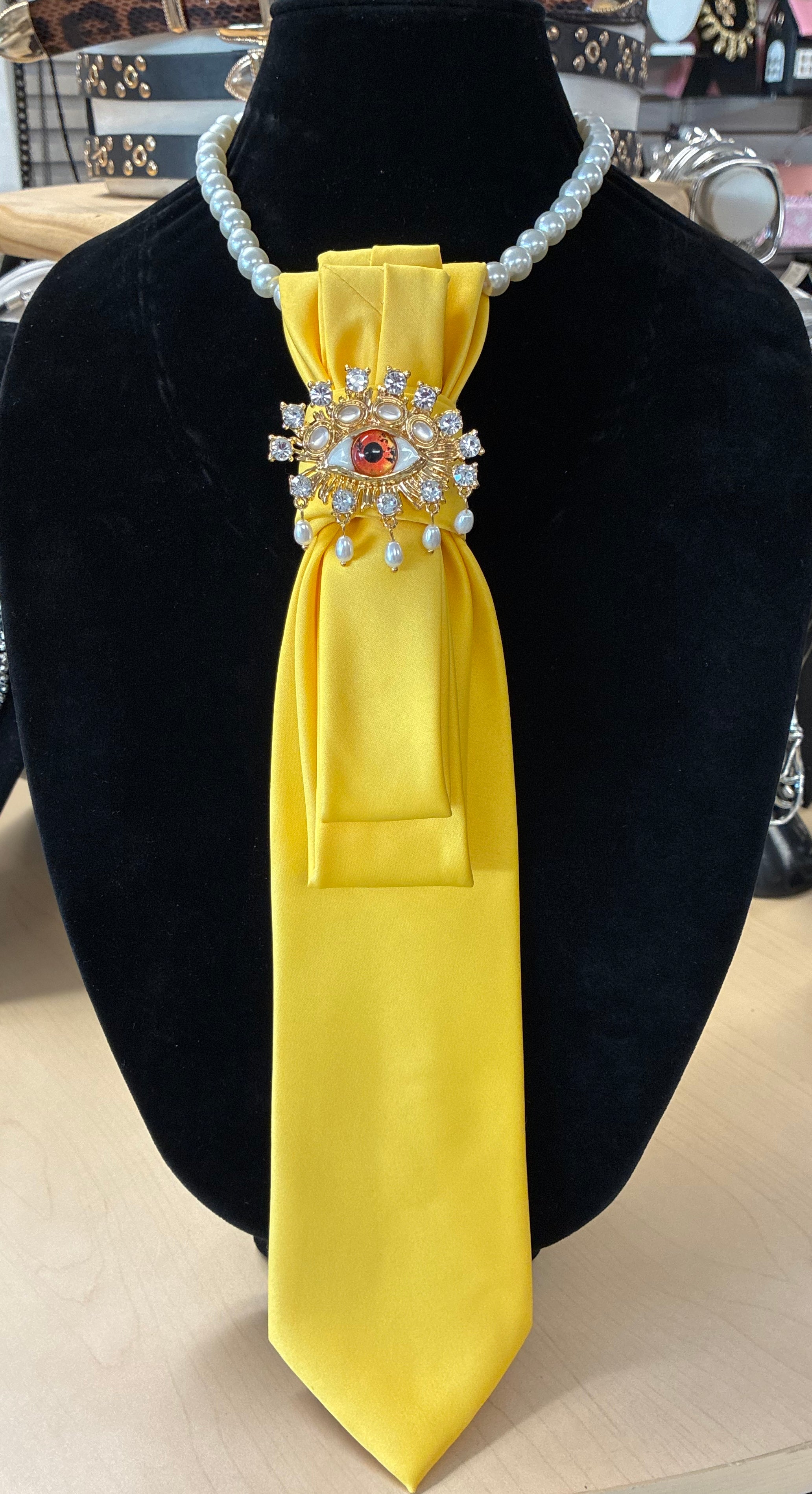 Custom Necktie Necklace - Yellow with Eye Brooch