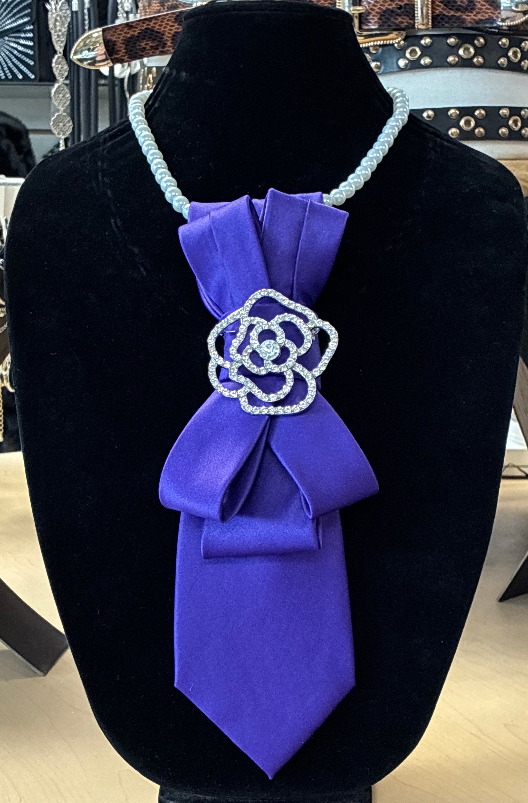 Custom Necktie Necklace - Purple with Silver Rhinestone Flower Brooch