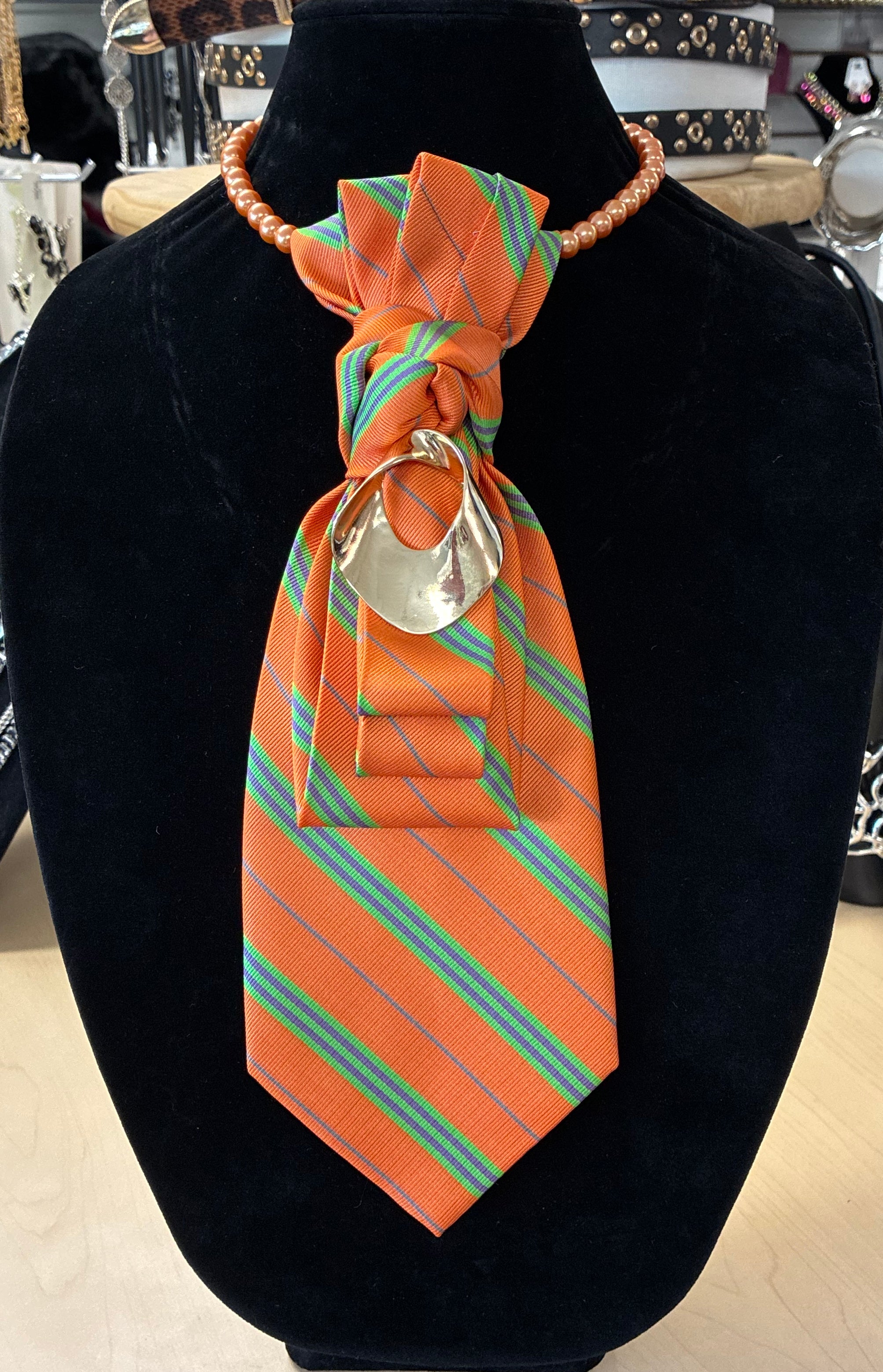 Custom Necktie Necklace - Orange and Green Stripe with Gold Oval Brooch