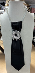 Custom Necktie Necklace - Black Satin with Silver Brooch
