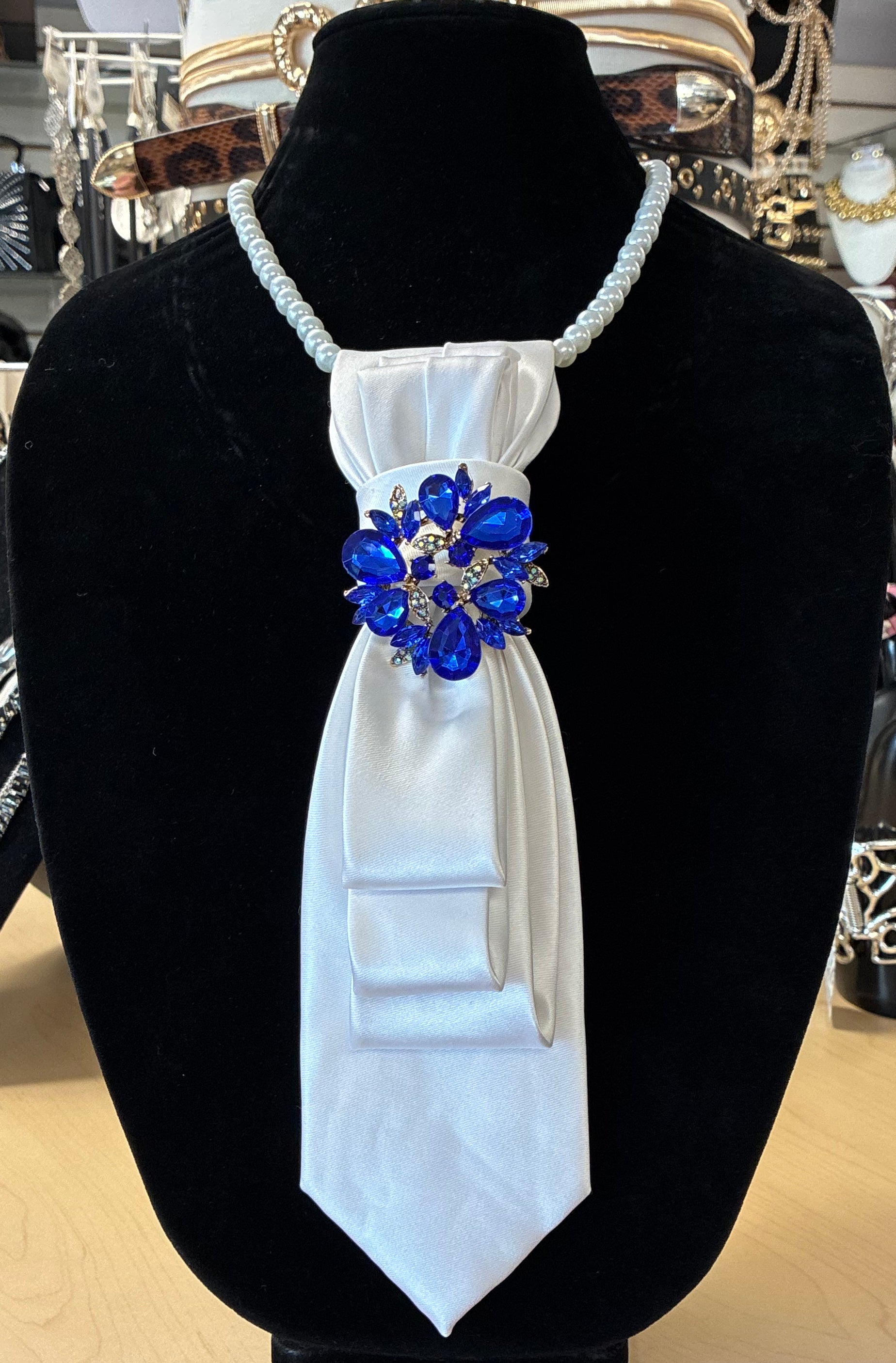 Custom Necktie Necklace - White with Blue Flower Brooch