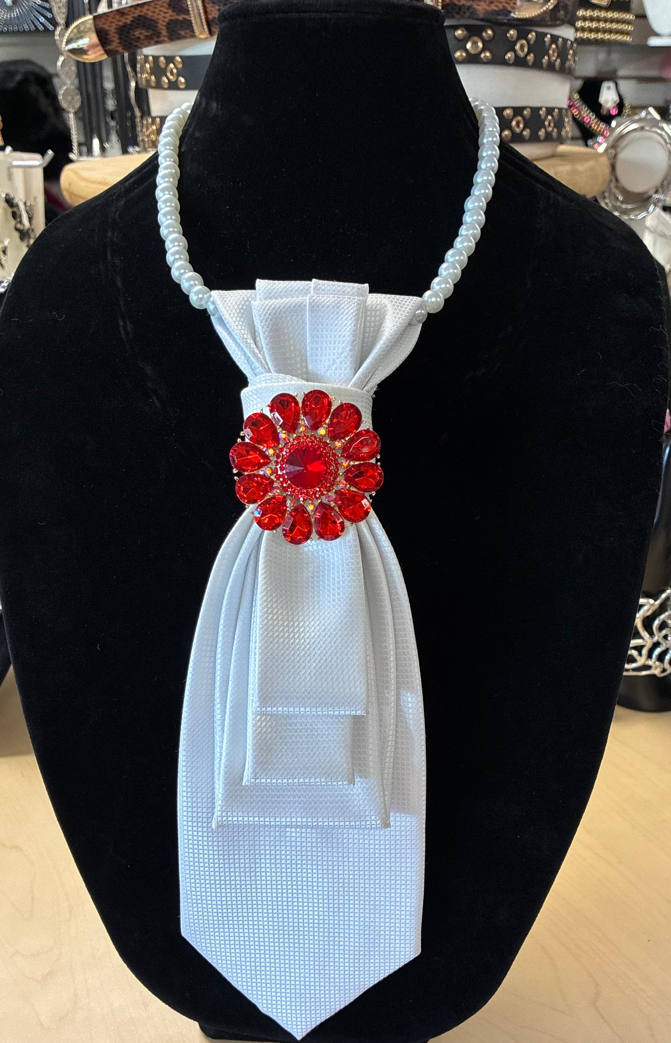 Custom Necktie Necklace -Textured  White with Red Flower Brooch