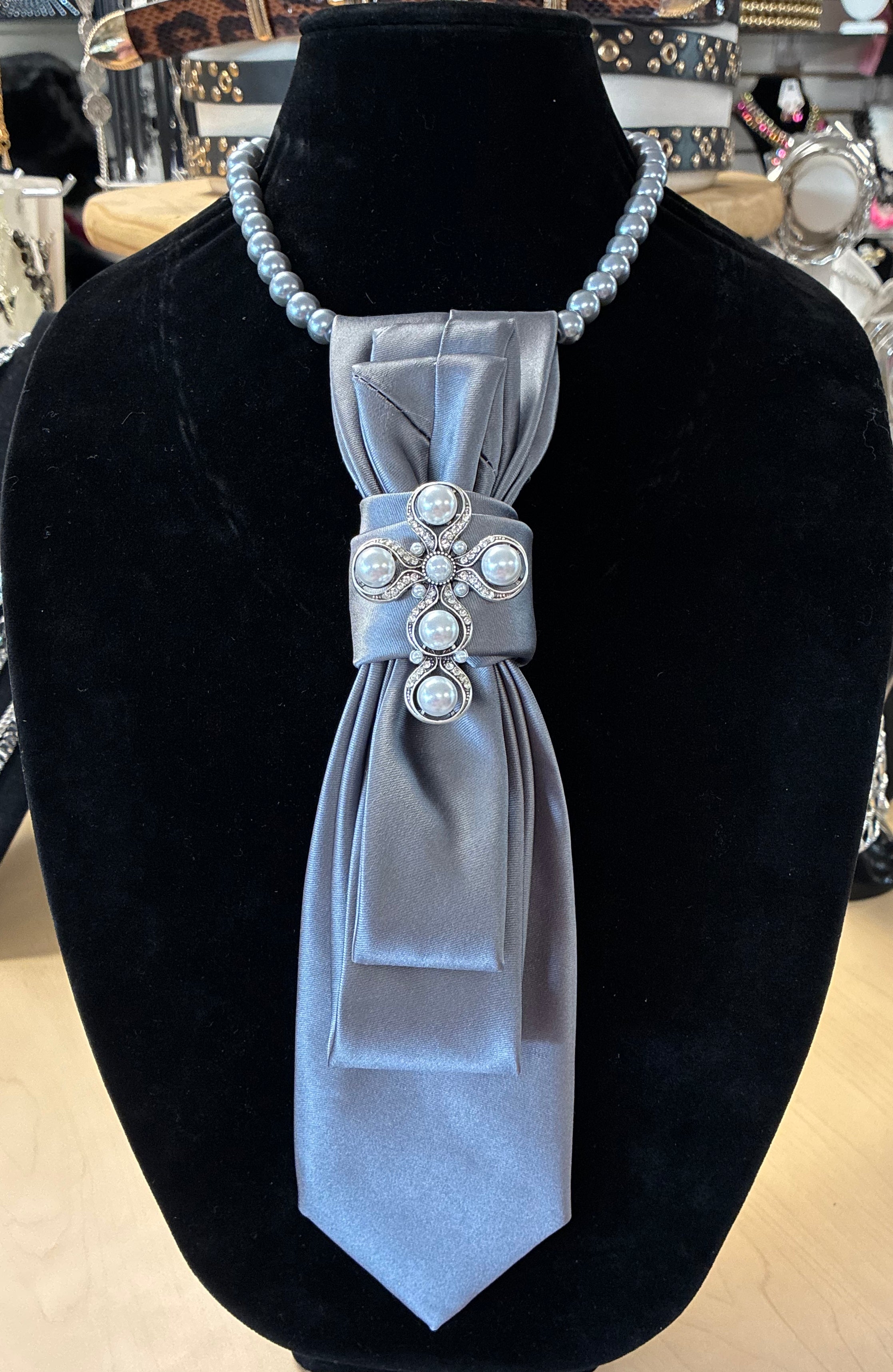 Custom Necktie Necklace - Silver with Silver Pearl Brooch