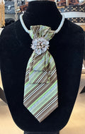 Custom Bow Tie Necklace - Green and Brown Stripe with Gold Flower Brooch
