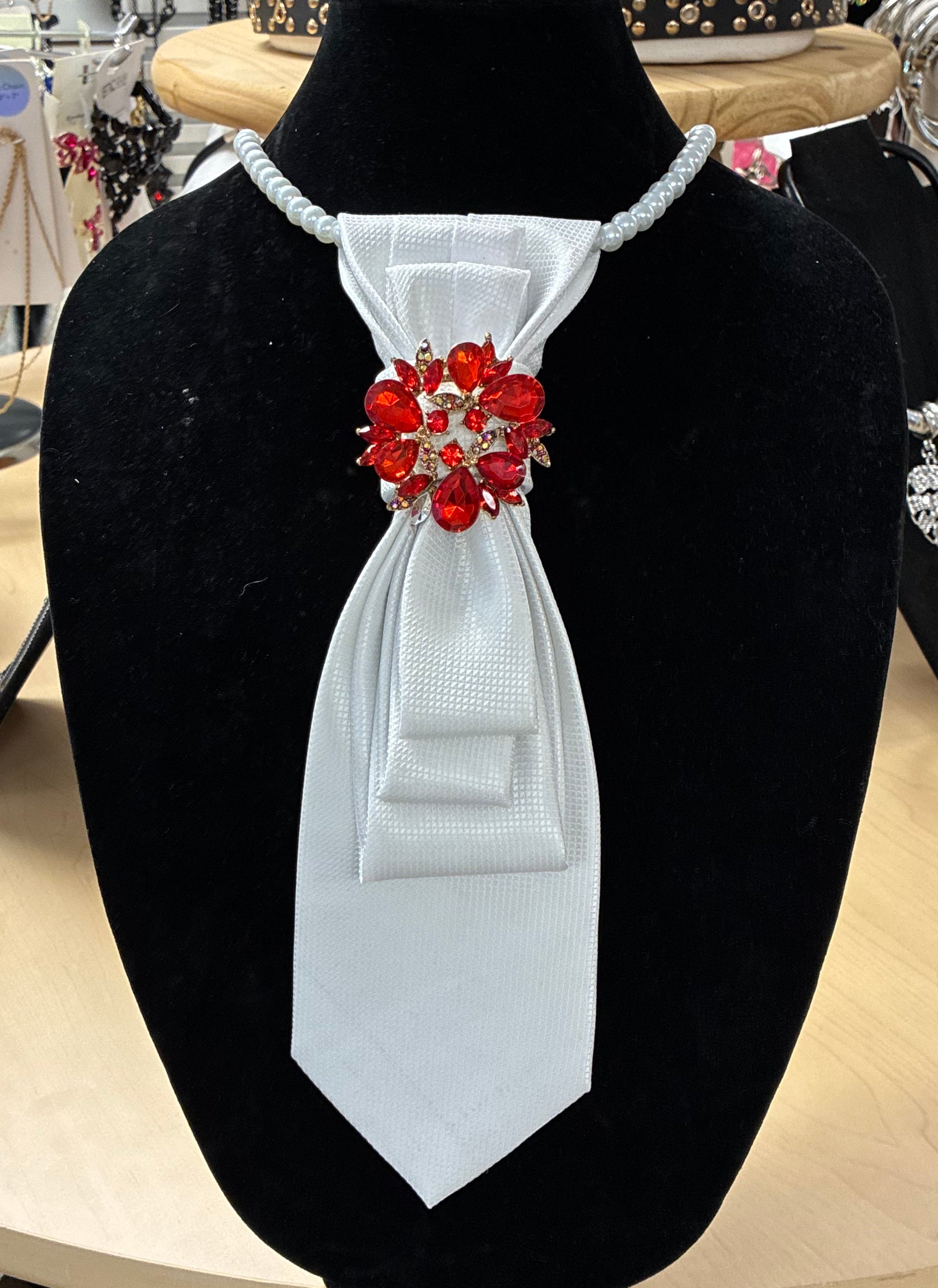 Custom Necktie Necklace - White Satin with Red Flower Brooch