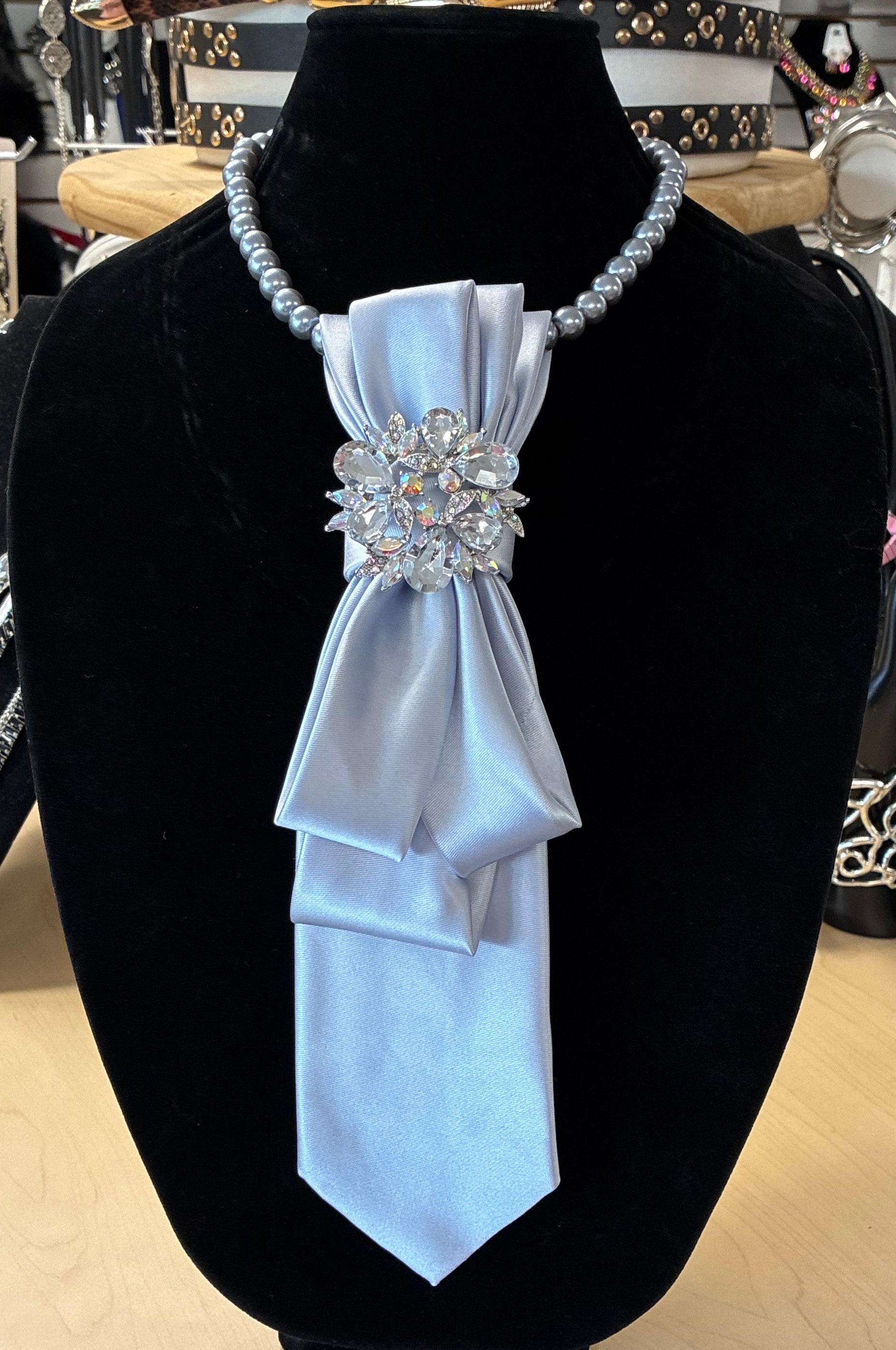 Custom Necktie Necklace - Silver with Silver Flower Brooch