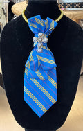 Custom Necktie Necklace - Blue and Yellow Stripe with Gold Cross Brooch