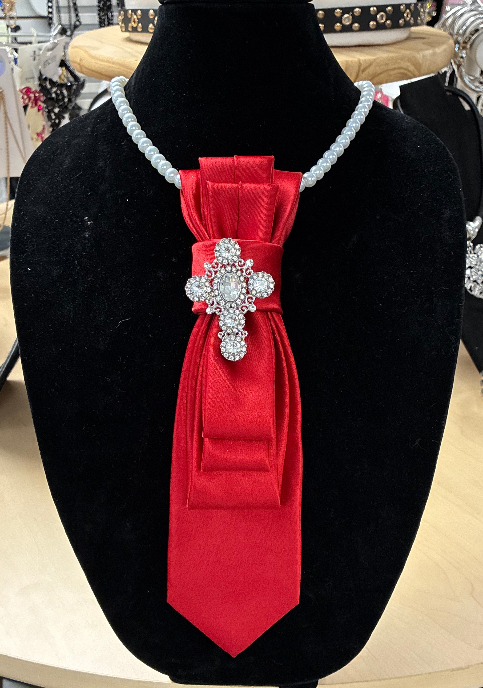 Custom Necktie Necklace - Red Satin with Cross
