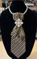 Custom Necktie Necklace - Black, Grey, Gold  Stripe with Gold CC Cross Brooch
