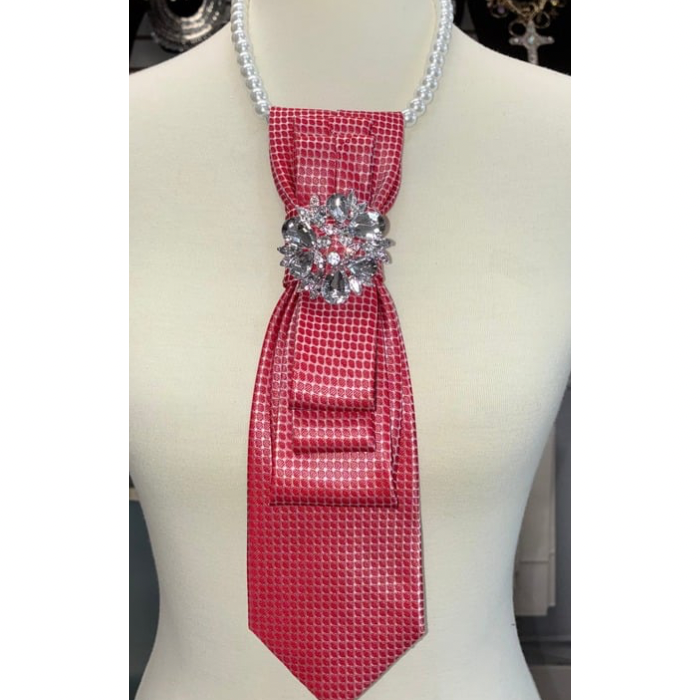 Custom Necktie Necklace - Red/Silver W Silver Rhinestone Floral Brooch