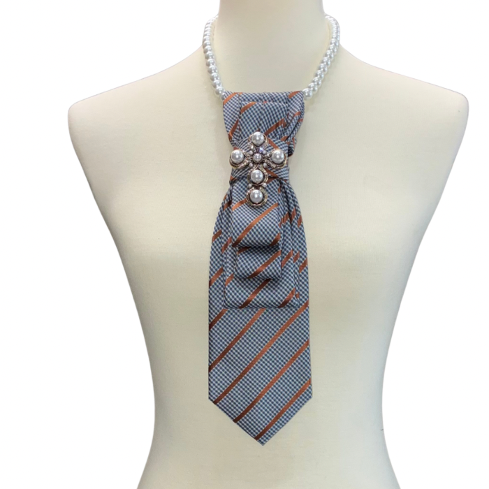 Custom Necktie Necklace - Gold/Black Plaid w Gold Pearl Brooch