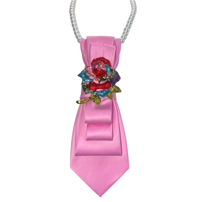 Custom Necktie Necklace - Pink w Rhinestone Rose