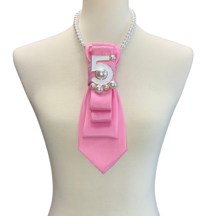 Custom Necktie Necklace- Pink Satin w #5 Designer Inspired Brooch