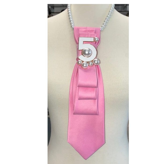 Custom Necktie Necklace- Pink Satin w Designer Inspired 5 Brooch