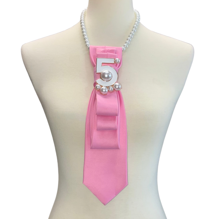Custom Necktie Necklace- Pink Satin w Designer Inspired 5 Brooch