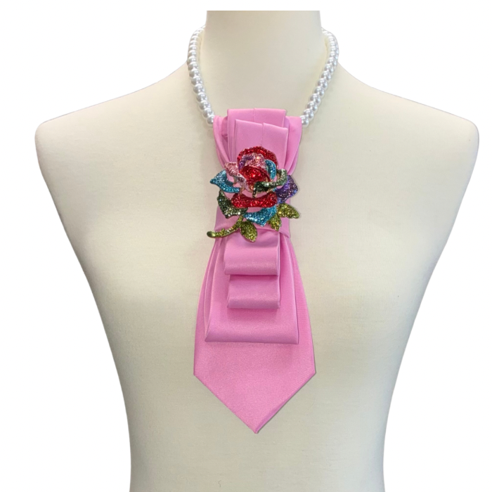 Custom Necktie Necklace - Pink w Rhinestone Rose