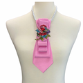 Custom Necktie Necklace - Pink w Rhinestone Rose