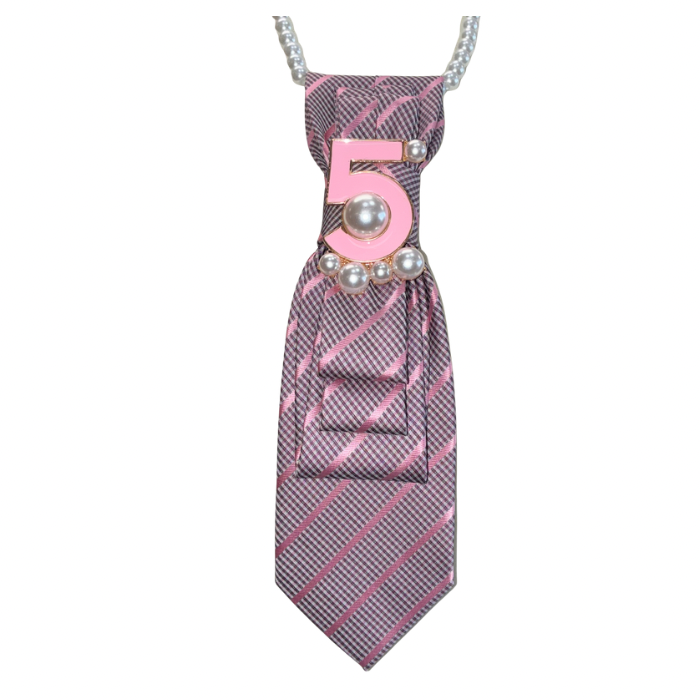 Custom Necktie Necklace - Pink Plaid/Stripe w #5 Designer Inspired Brooch