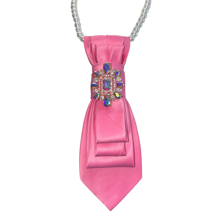 Custom Necktie Necklace- Pink Satin w Iridescent Brooch