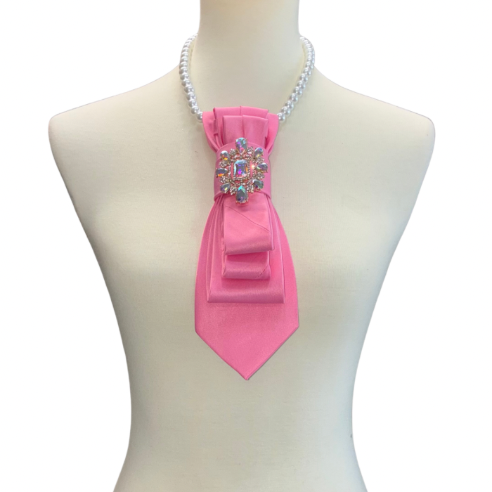 Custom Necktie Necklace- Pink Satin w Iridescent Brooch