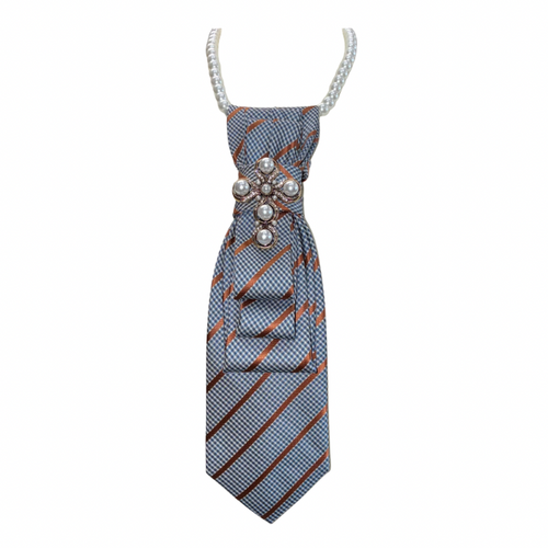 Custom Necktie Necklace - Gold/Black Plaid w Gold Pearl Brooch
