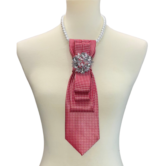 Custom Necktie Necklace - Red/Silver W Silver Rhinestone Floral Brooch