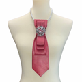 Custom Necktie Necklace - Red/Silver W Silver Rhinestone Floral Brooch