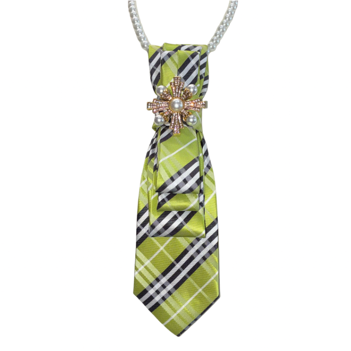Custom Necktie Necklace - Green British Plaid w Pearl Brooch