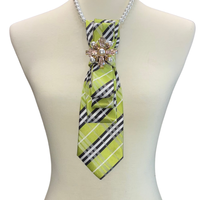 Custom Necktie Necklace - Green British Plaid w Pearl Brooch