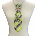 Custom Necktie Necklace - Green British Plaid w Pearl Brooch