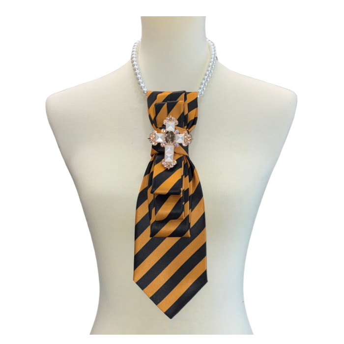 Custom Necktie Necklace- Black/Gold Stripe w Gold Cross Brooch
