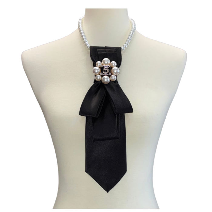 Custom Necktie Necklace- Black Satin w #5 Designer Inspired Brooch