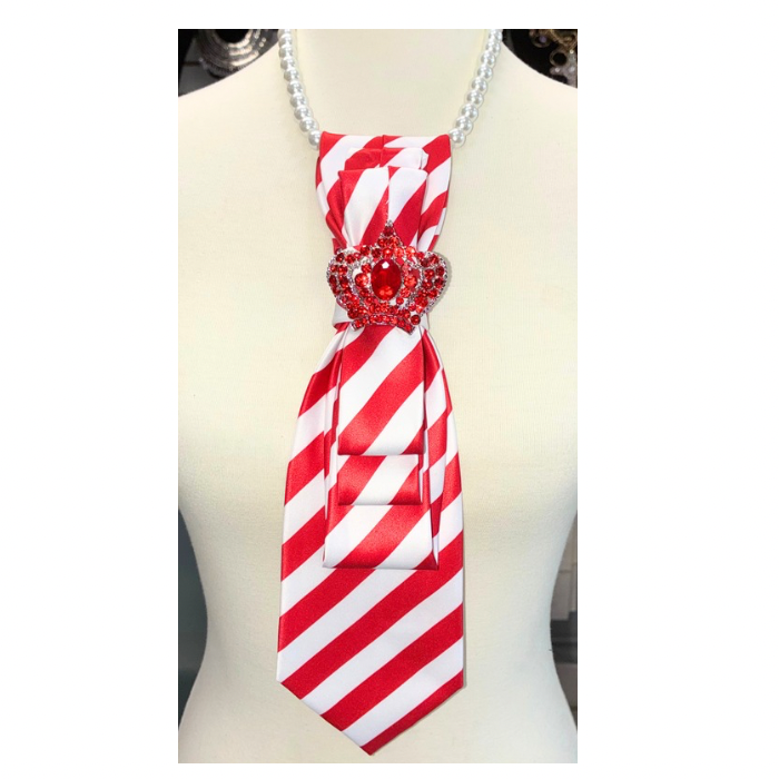 Custom Necktie Necklace-Red/White Stripe w Crown Brooch