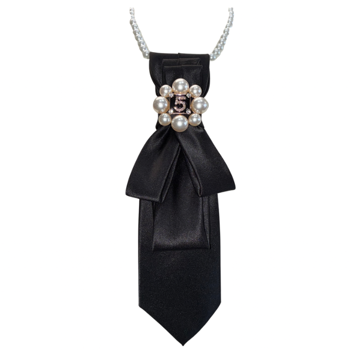 Custom Necktie Necklace- Black Satin w #5 Designer Inspired Brooch