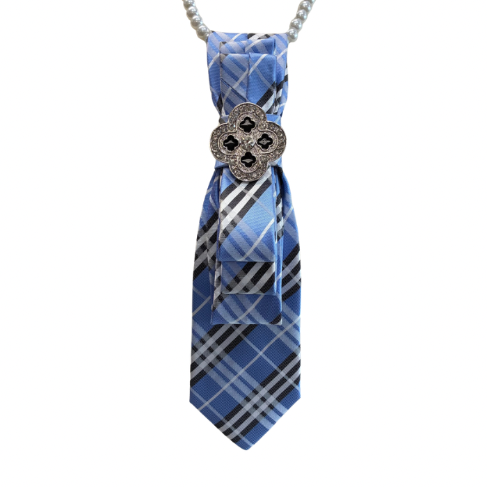 Custom Necktie Necklace- Blue British Plaid w Designer Inspired Brooch