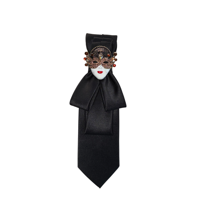 Custom Necktie Necklace - Black Satin w Mask Brooch
