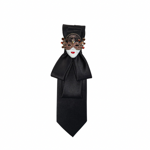 Custom Necktie Necklace - Black Satin w Mask Brooch