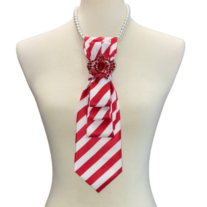 Custom Necktie Necklace-Red/White Stripe w Crown Brooch