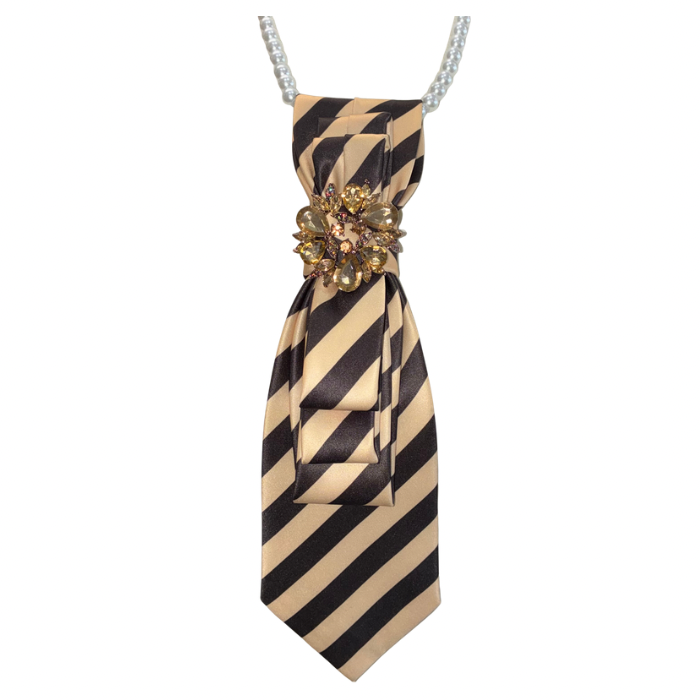 Custom Necklace Necklace - Brown/Khaki Stripe w Gold Floral Brooch