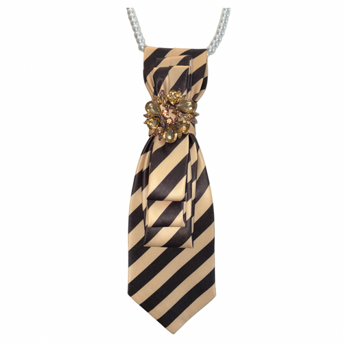 Custom Necklace Necklace - Brown/Khaki Stripe w Gold Floral Brooch