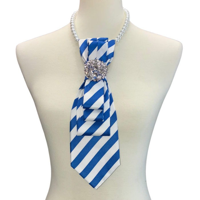 Custom Necktie Necklace-Blue/white Stripe w Silver Rhinestone Brooch