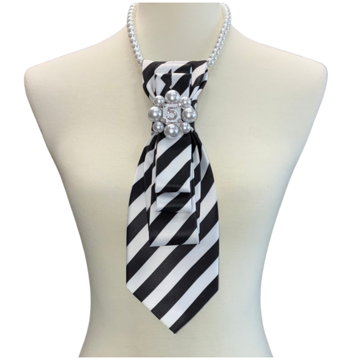 Custom Necktie Necklace - Black/White Stripe w #5 Designer Inspired Brooch