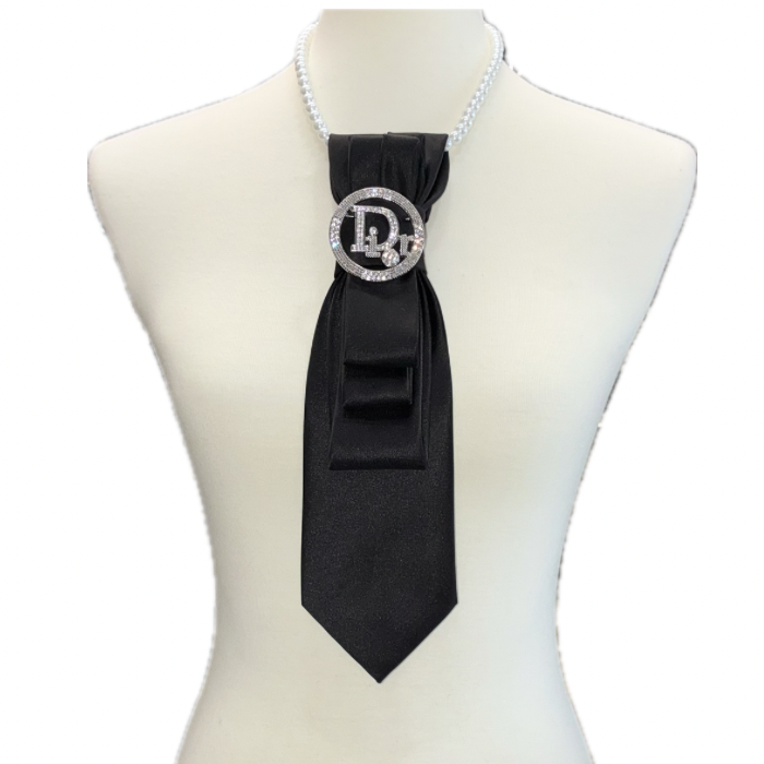 Black Necktie Necklace w Designer Inspired CD Brooch