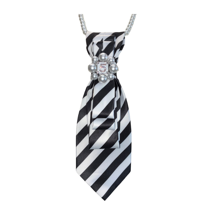 Custom Necktie Necklace - Black/White Stripe w #5 Designer Inspired Brooch
