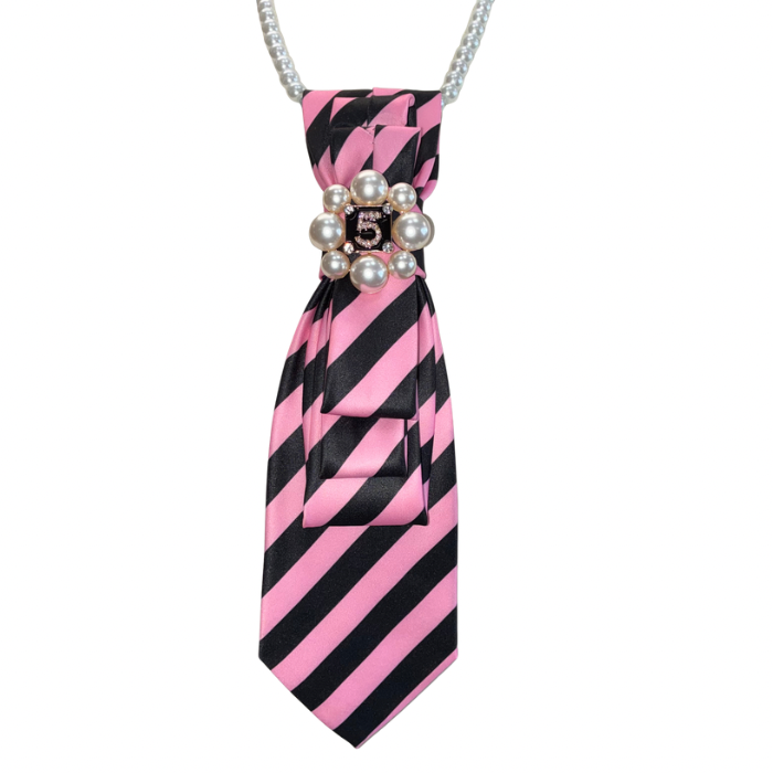 Custom  Necktie Necklace- Pink/Black Stripe w #5 Designer Inspired Brooch